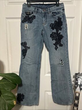 Low Rise Blue Jeans with Black Lace and Embroiderer Appliqué